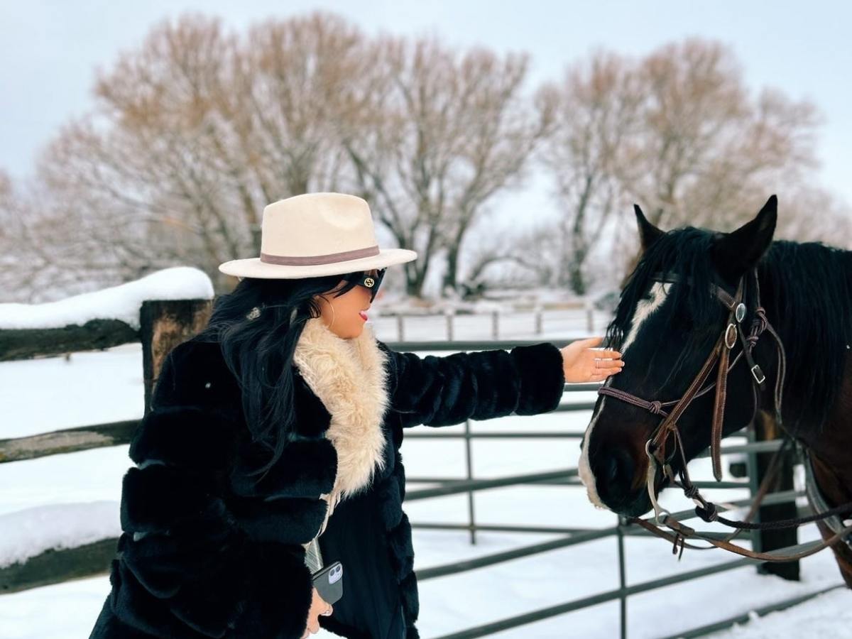 a person riding a horse in the snow